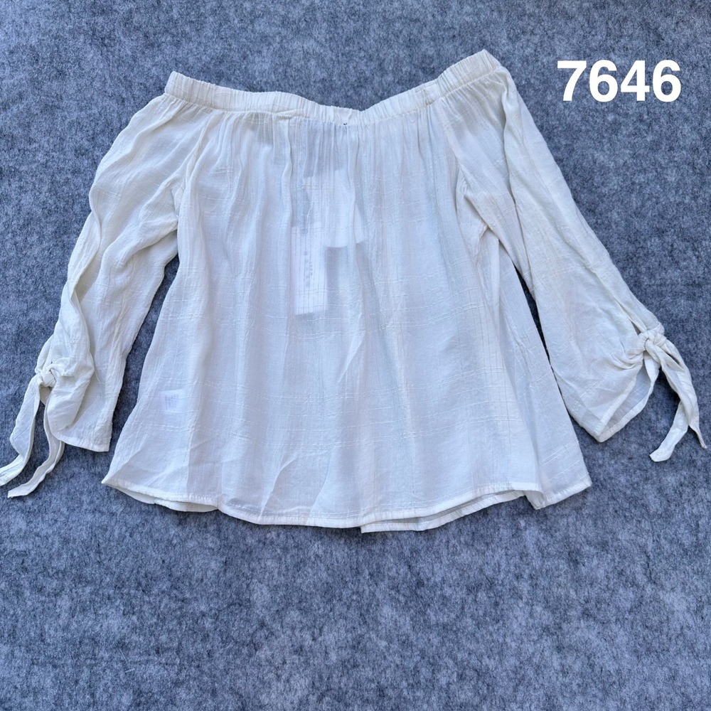 Maven West Off Shoulder Blouse Ivory White Textured Tie Cuff Top Small NEW
